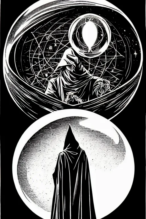 Image similar to wizard in a hooded cloak gazing into a crystal ball, high details, intricately detailed, by vincent di fate, 3 color screen print, masterpiece, trending on artstation, sharp, details, hyper - detailed, hd, 4 k, 8 k