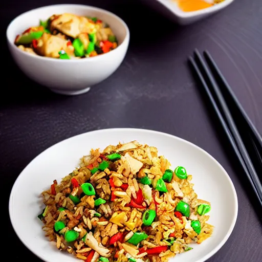 Image similar to a photograph of the new tofu fried rice, chinese dish from my local chinese restaurant, cooked to perfection, chefs table, netflix, gourmet, three michelin star, food photography