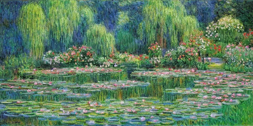 Image similar to serene fairy garden in the style of claude monet, beautiful intricate masterpiece, hyper detailed, hd