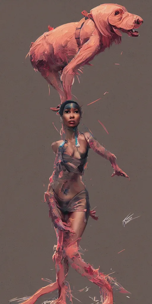 Prompt: nicki minaj is walking like a dog, ultra realistic full body portrait, concept design, contrast, kim jung gi, greg rutkowski, zabrocki, karlkka, jayison devadas, trending on artstation, 8 k, ultra wide angle, pincushion lens effect