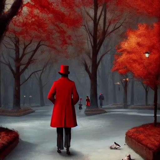 Image similar to a highly detailed epic cinematic concept art, a thin man in a black coat and bowler hat talks with small young girl who is dressed in a red coat and a red hat, park, autumn, wide angle, high detail, in style of Greg Rutkowski, width 768