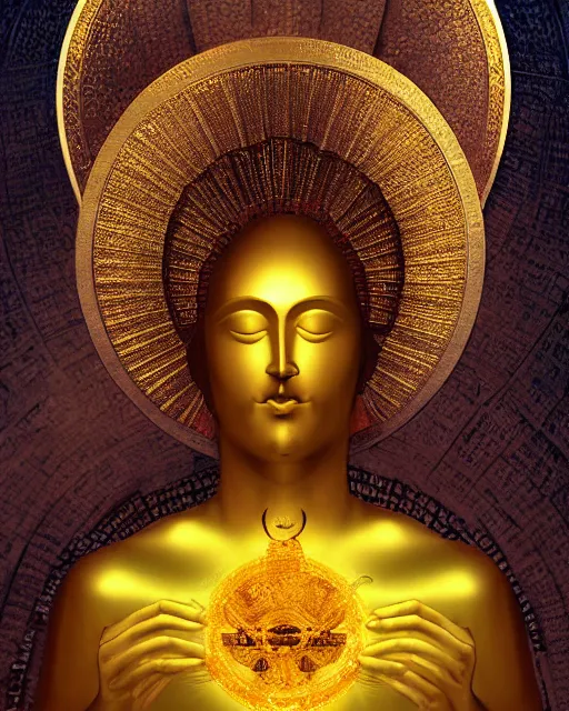 Image similar to the enigma god with a golden halo with forbidden knowledge by frank frazzetta