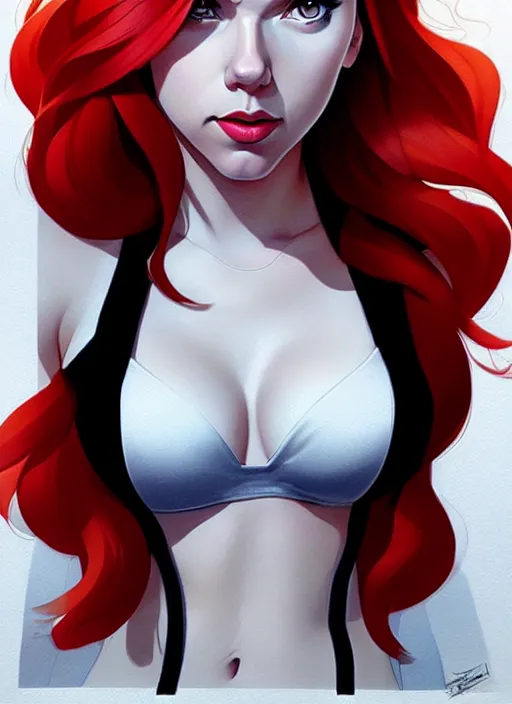 Image similar to phil noto, artgerm, pretty scarlett johansson black widow, symmetrical eyes, long red hair, full body, city rooftop