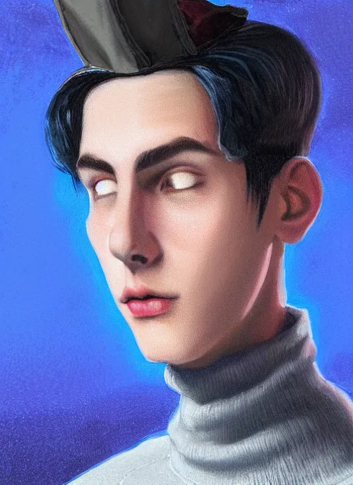 Image similar to portrait of teenage jughead jones wearing a light grey crown, crown, blue turtleneck, 1 9 5 0 s, closed eyes, photorealistic, black hair, glowing lighting, intricate, elegant, glowing lights, highly detailed, digital painting, artstation, concept art, smooth, sharp focus, illustration, art by wlop, mars ravelo and greg rutkowski