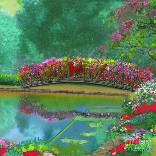 Image similar to a bridge over a pond in a garden filled with flowers, a digital rendering by cherryl fountain, featured on cg society, cloisonnism, enchanting, vivid colors, rich color palette