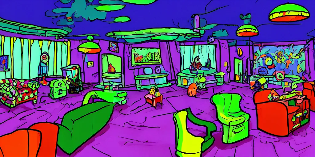 Prompt: a dimly lit, colorful, theater dressing room, made of candy, day of the tentacle style, drawn by Peter Chan
