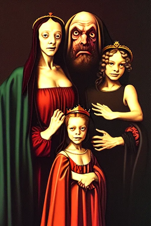 Prompt: renaissance style creepy family, wearing a crown and a cape, dark background, by richard corben