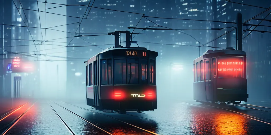 Prompt: tram on the viaduct ， foggy ， tyndall effect ， blade runner 2 0 4 9, 4 k resolution, ultra wide angle, cinematic, octane render