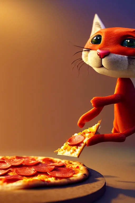 Prompt: a macro photo of cute caracal toy and a slice of pizza, cheese and pepperoni, isometric 3d, ultra hd, character design by Mark Ryden and Pixar and Hayao Miyazaki, unreal 5, DAZ, hyperrealistic, octane render, cosplay, RPG portrait, dynamic lighting, intricate detail, summer vibrancy, cinematic