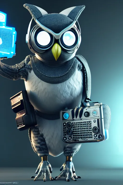 Image similar to high quality 3 d render very cute cyborg owl! with boombox!, cyberpunk highly detailed, unreal engine cinematic smooth, in the style of blade runner & detective pikachu, hannah yata charlie immer, moody light, low angle, uhd 8 k, sharp focus