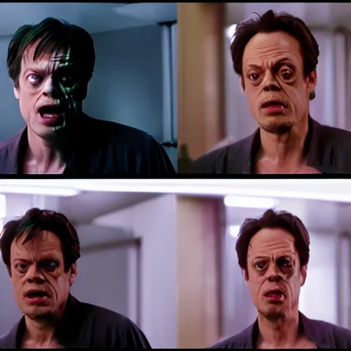 Prompt: steve buscemi as bruce banner turning into the hulk, multiple transformation phases, film still from a movie directed by wachowskis