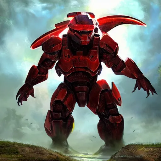 Prompt: beautiful realistic fantasy painting of groudon the pokemon fighting halo master chief volumetric lighting, trending on art station, polarizer filter t