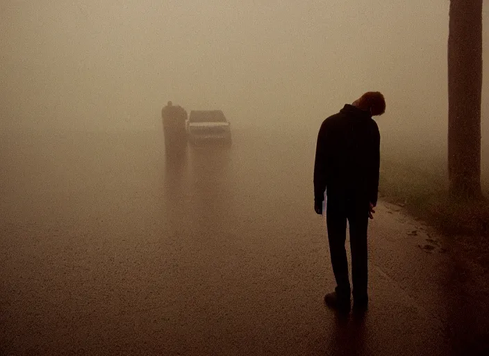 Prompt: kodak portra 4 0 0, photographic of a sad boys in the style of gregory crewdson, hig detail, night, fog, rain