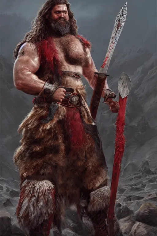 Image similar to Barbarian Warrior, dual wielding axes, tall, long messy curly hair, long unkempt beard, wolf pelt, red armor, matte painting, trending in artstation, arstationhq, artstationhd, HD 8k