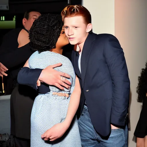 Prompt: kyla pratt hugs tom holland