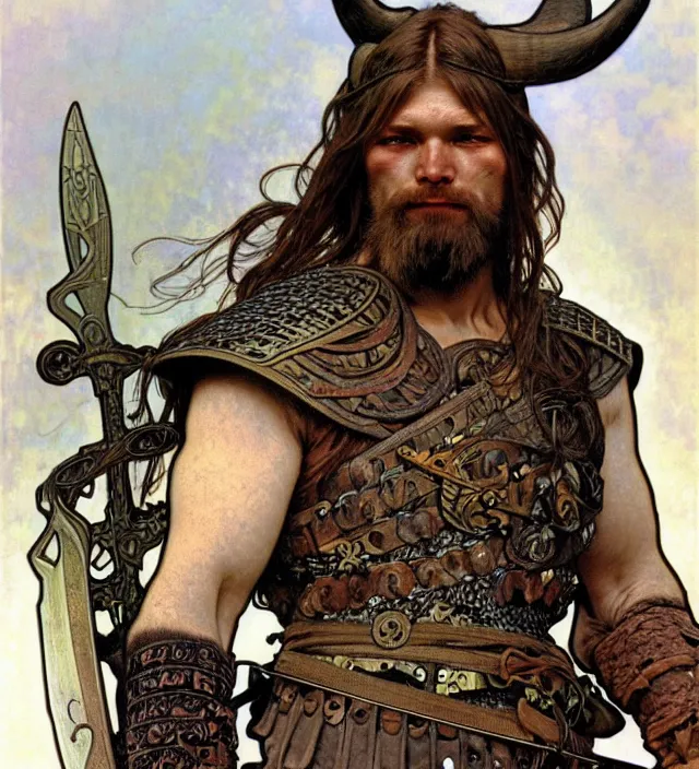 Prompt: realistic detailed face portrait of a grizzled viking warrior in heavy armor by alphonse mucha, ayami kojima, amano, greg hildebrandt, and mark brooks, male, masculine, art nouveau, neo - gothic, gothic, character concept design