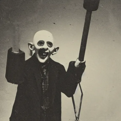 Image similar to vintage photograph of count orlok swinging a hammer over his head, working on the railroad