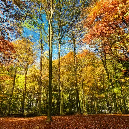 Image similar to autumnal british woodland scene, 3d, cgi, vector graphics, undulating terrain, blue sky visible through the canopy, leaves on the ground, autumnal colours