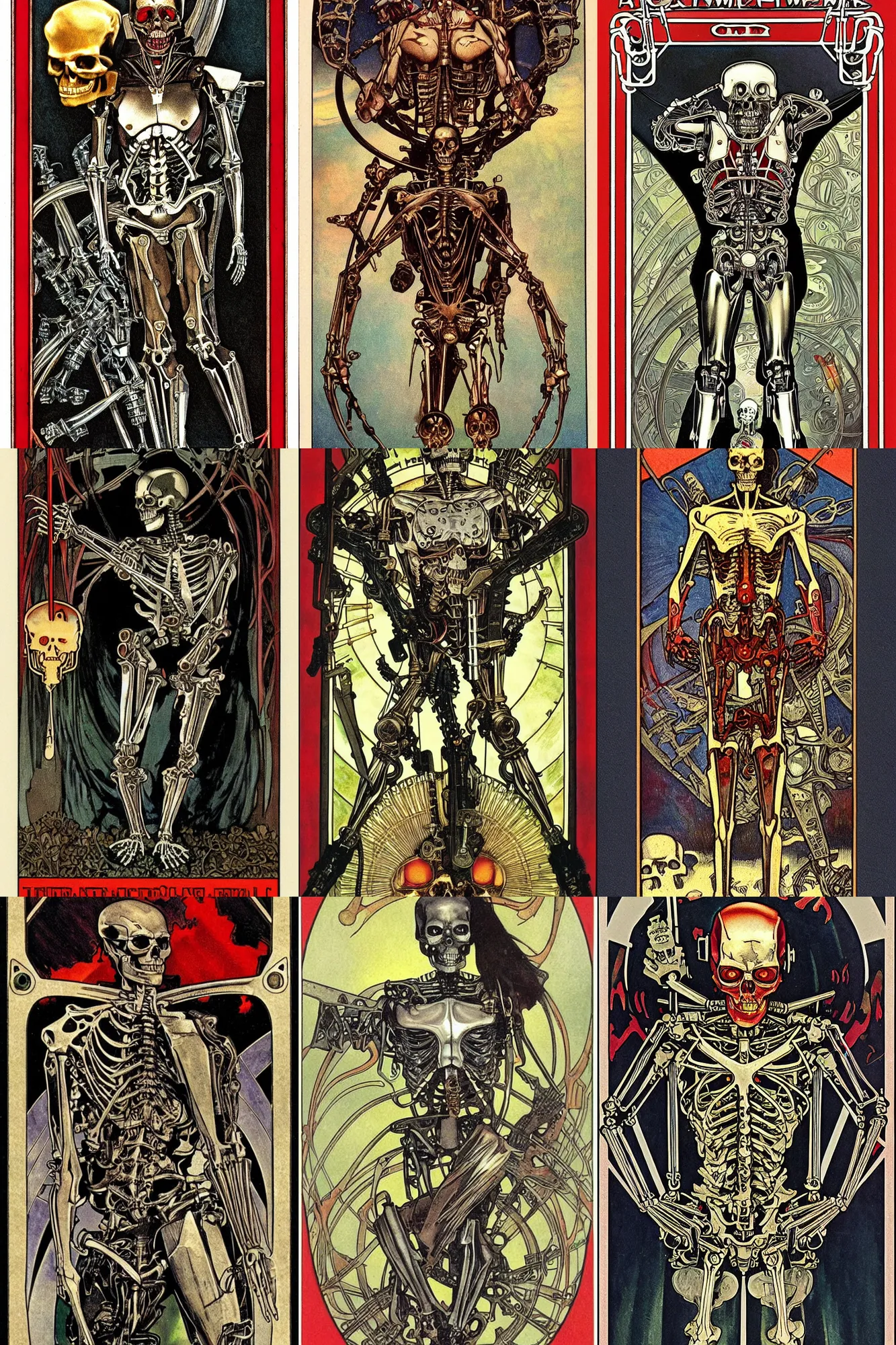 Prompt: a tarot card depicting the terminator ( 1 9 8 4 ), metallic skeleton, metal skull with red eyes, cyborg, real steel, art nouveau, alphonse mucha, santiago caruso
