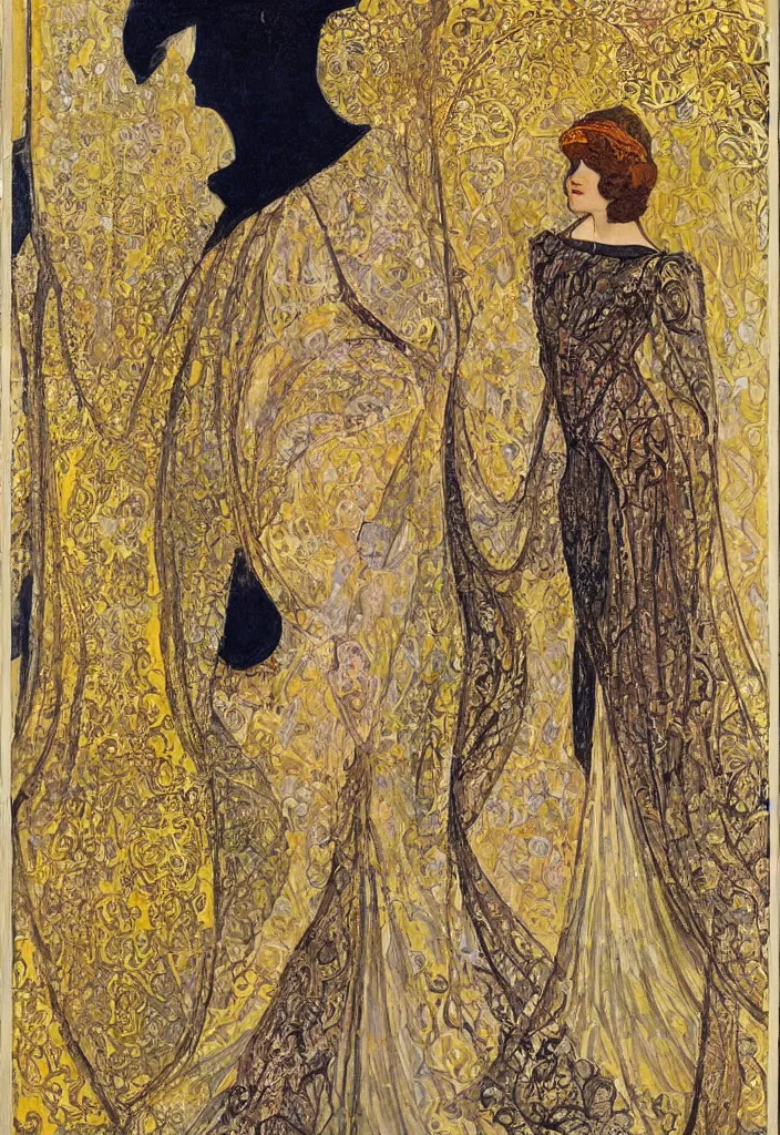 Image similar to a young woman looks deeply into the viewer, 1920's london street, art nouveau, extravagant fashion, intricate yellow dress with gold trims, lacey, dark streets, grungy, style of and Gustav Klimpt, color painterly