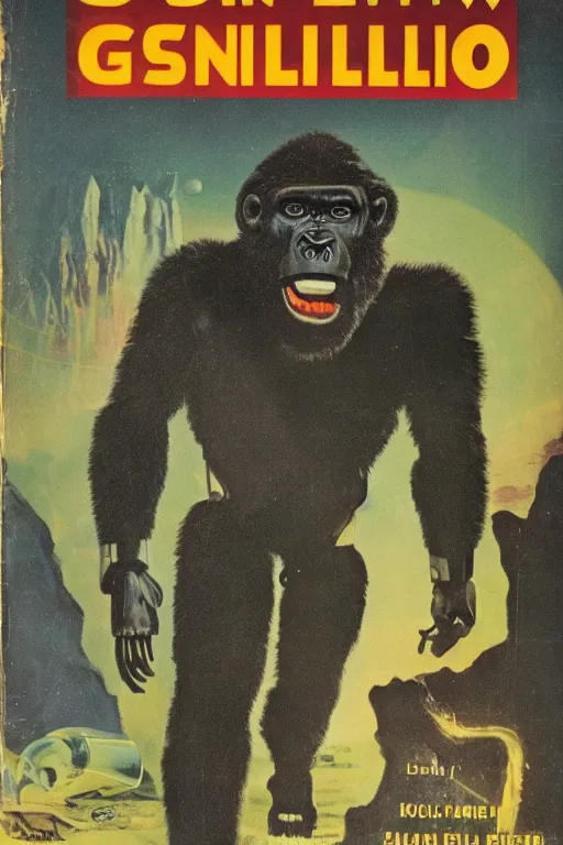 Image similar to a dark retro sci-fi paperback cover from 1967 showing a robot gorilla