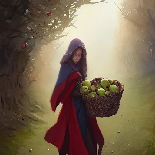 Image similar to a girl with a red cloak holding a basket full of apples, by Jordan Grimmer and greg rutkowski, crisp lines and color,