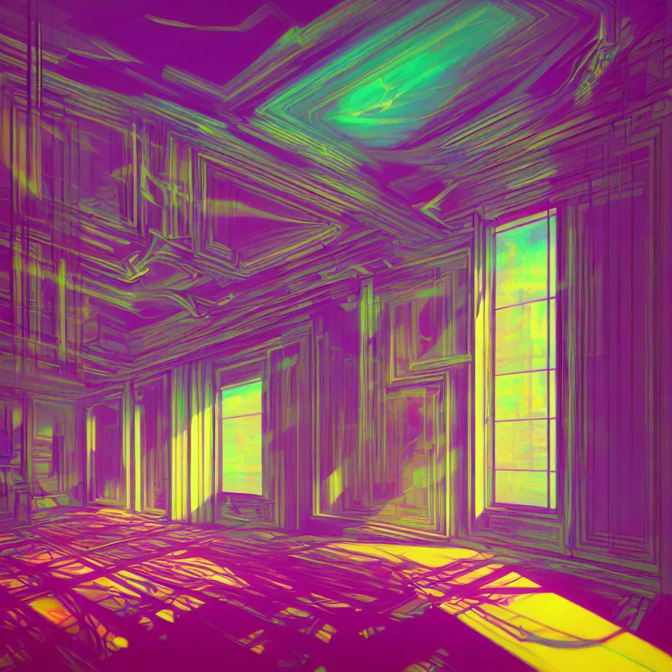 Image similar to bright psychedelic empty apartment, diffuse lighting, fantasy, intricate, elegant, highly detailed, lifelike, photorealistic, digital painting, artstation, illustration, concept art, smooth, sharp focus, art by francis bacon