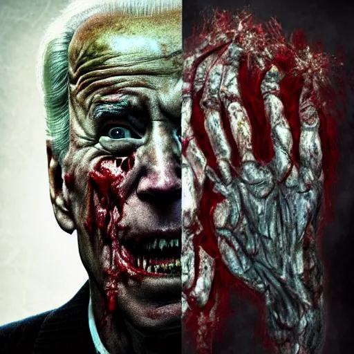 Image similar to joe biden as a rotting zombie, full body portrait, in a front of podeum, horror core, apocalyptic, feeling of grimdark, sharp focus, fiction, hyper detailed, digital art, trending in artstation, cinematic lighting, studio quality, smooth render, unreal engine 5 rendered, octane rendered, art style and nixeu and wlop and krenz cushart