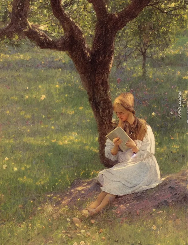 Image similar to peasant girl sitting on a tree and reading a book, polaroid photo bleached vintage pastel colors high - key lighting, soft lights, foggy, by steve hanks, by lisa yuskavage, by serov valentin, by tarkovsky, detailed, oil on canvas