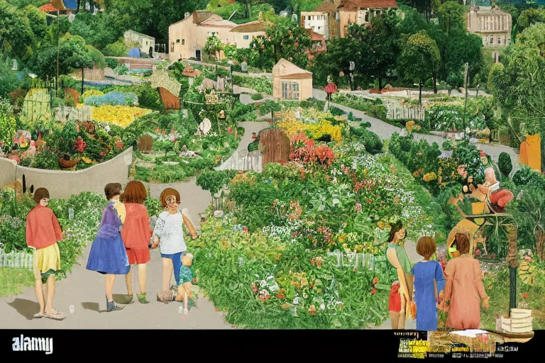 Image similar to An Utopia : In a large city, old roads are transformed into a gardens growing fruits and vegetables, a family composed of two women from different etnicity and a genderless child, are having a Picnic and reading philosophy by Eric Rohmer, close-up, 8K, award winning movie, 16mm, very beautiful, stunning, calm atmosphere, warm