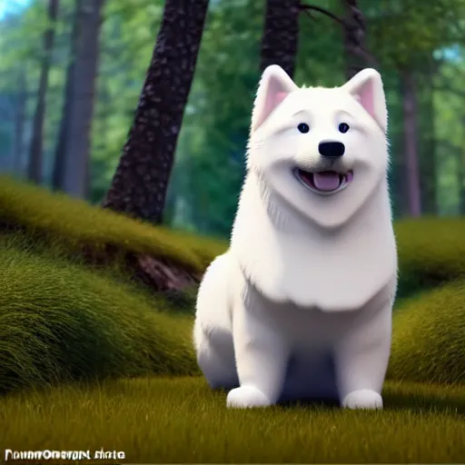 Prompt: happy finnish lapphund dog, snow, trees, stream, pixar, disney, 4 k, 3 d render, funny, animation, movie, oscar winning