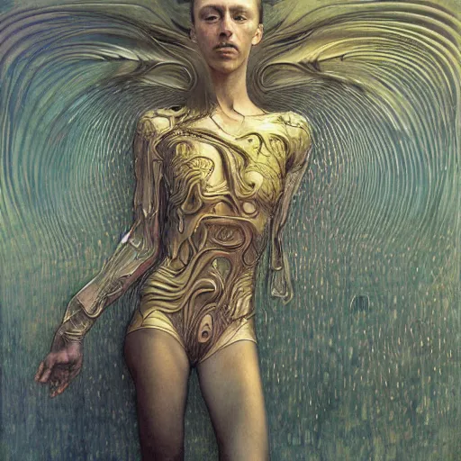 Image similar to android being from another dimension by zdzisław beksinski, iris van herpen, raymond swanland and alphonse mucha. highly detailed, hyper - real, beautiful