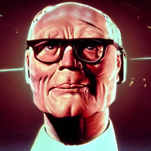 Prompt: Issac Asimov as the man with robot head, movie by David Lynch