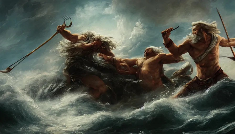 Image similar to baorque painting of zeus fighting poseidon, hyperdetailed, artstation, cgsociety, 8 k