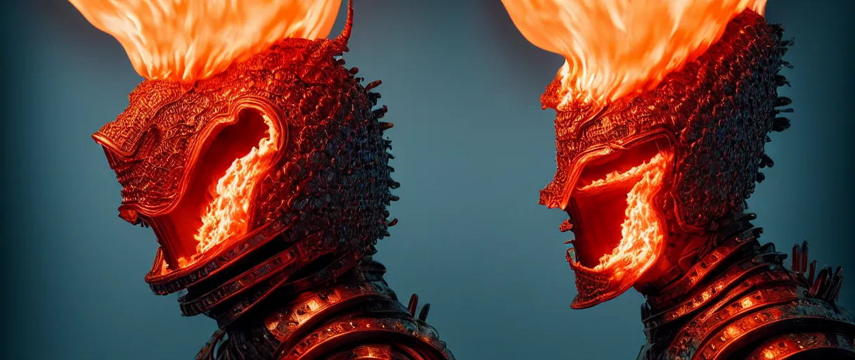 Image similar to hyperrealist highly detailed english medieval portrait of high fashion monster wearing flame fire smoke flame armor, radiating atomic neon corals, concept art pascal blanche dramatic studio lighting 8k wide angle shallow depth of field