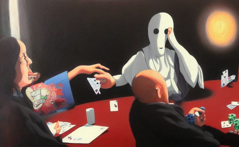 Image similar to no face from spirited away playing poker, oil painting