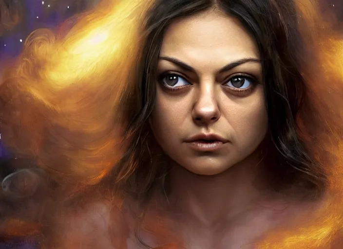 Image similar to big-eyed surprised Mila Kunis staring intensely into the camera, sundown golden hour firefly wisps, Lilia Alvarado, Sophie Anderson, Mark Arian, Bob Byerley, Charlie Bowater, Mark Brooks, Steve Henderson, Justin Gerard, Arthur Hughes, Edward Robert Hughes, Mark Keathley, Victor Nizovtsev, Carlos Shwabe, Ross Tran, WLOP