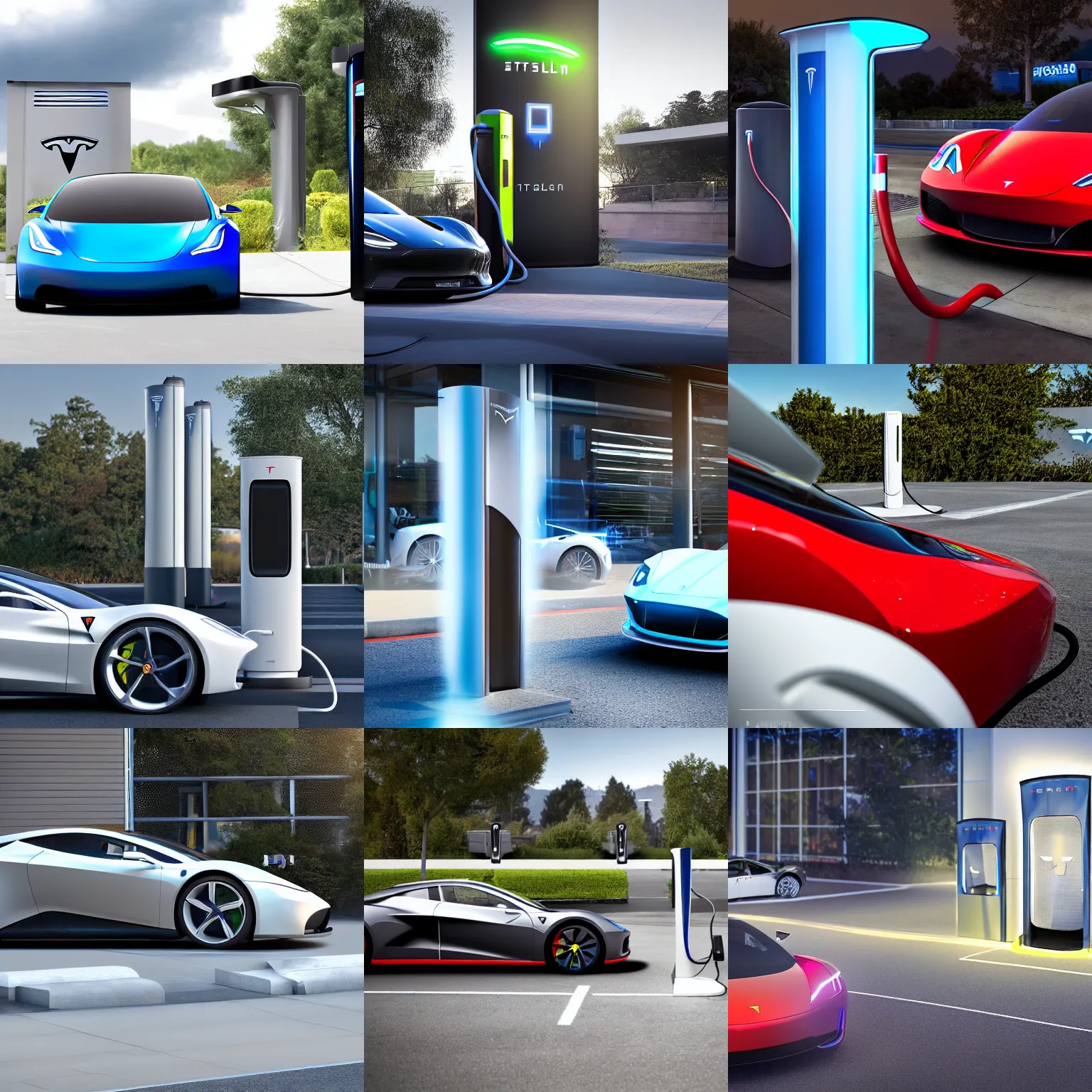 Prompt: a closeup photorealistic photograph of a futuristic electric ferarri concept ev charging in silicon valley at a tesla charger. bright scene, silicon valley. fine detail. this 4 k hd image is trending on artstation, featured on behance, well - rendered, extra crisp, features intricate detail, epic composition and the style of unreal engine.