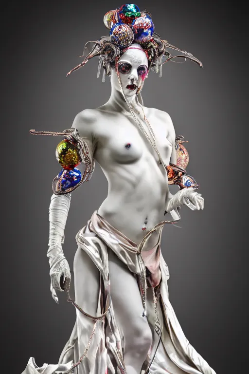 Image similar to white porcelain statue of wired matte sacred queen, sculpture with metallic polished intricated surface, dressed with a colorful torn silk cloak and chrome ornaments, made by antonio corradini, and dug stanat macabre art, dark surrealism, epic and cinematic view, volummetric light, texturized, detailed, freak circus, high graphics 8 k