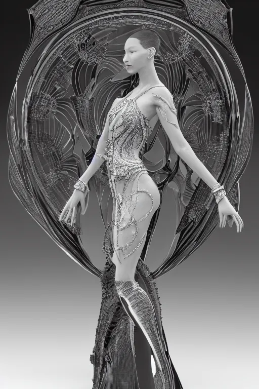 Image similar to a highly detailed metahuman 3 d render of an alien goddess bella hadid in iris van herpen dress schiaparelli in diamonds and jewelry in style of alphonse mucha trending on artstation made in unreal engine 4