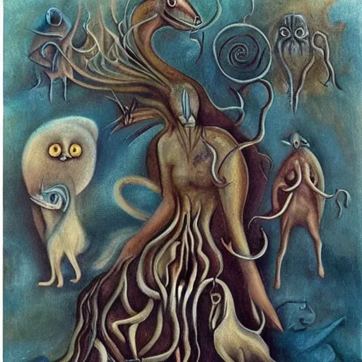 Image similar to Eternity is in love with the creations of time creative Creatures and monsters wander the landscapes of the Imagination, In the style of Leonora Carrington