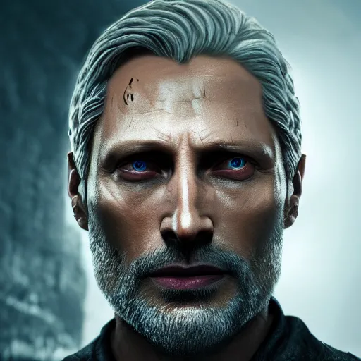 Prompt: mads mikkelsen as Gerald The witcher, concept art, high definition, professional photography, 8k