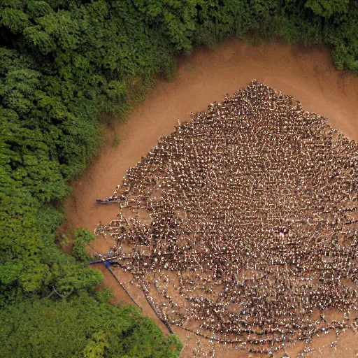 Prompt: aerial hd photograph of a uncontacted crowd of african congo tribe looking into camera, golden pyramid