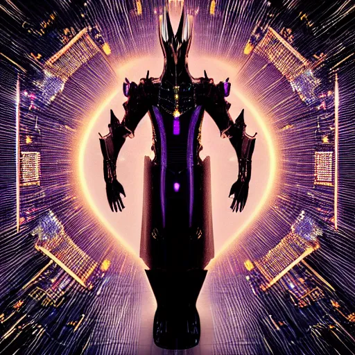 Image similar to “Powerful dark sleek humanoid being wearing iridescent shimmering cosmic armor of Sauron made of circuit boards (Epic scene, rich atmosphere, octane render, full body portrait)”
