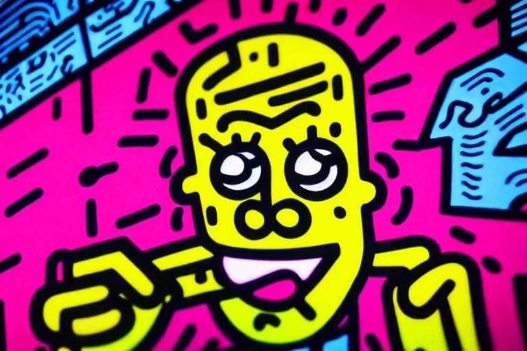 Image similar to someone taking a selfie smiling during the apocalypse, bright neon colors, intricate details, complementary colors, detailed face, backlighting, octane render, depth of field, extremely detailed, trending in artstation, focus on face, sharp focus, radiant light, beautiful composition, drawn by roy lichtenstein, keith haring, romero britto