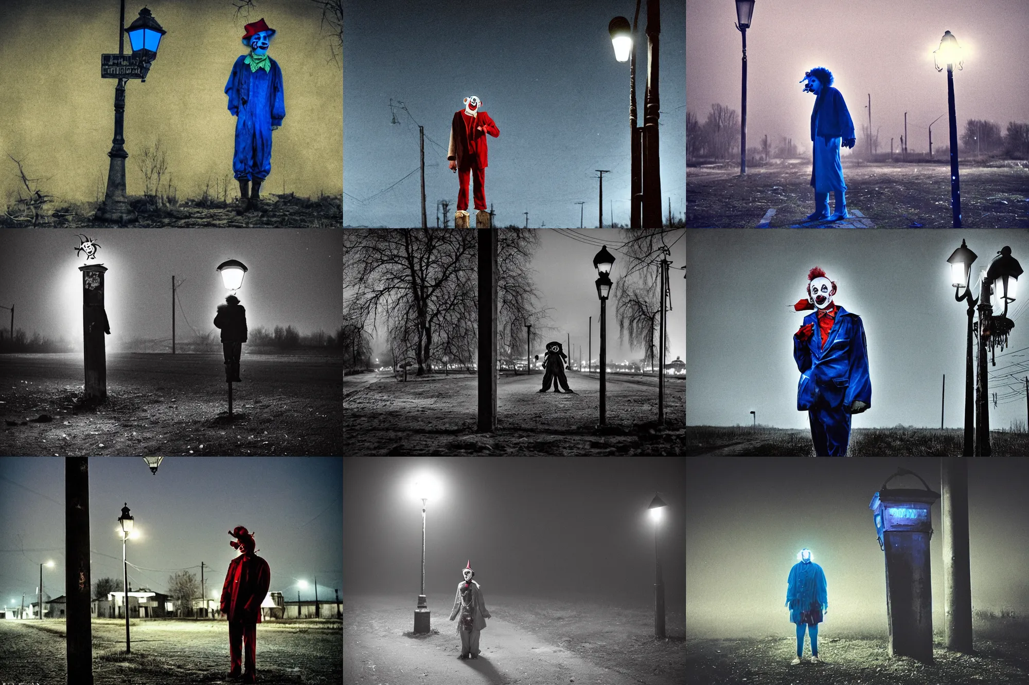 Image similar to a thin scary clown in torn clothes stands under a lamppost that shines a blue light on the clown, pitch darkness around the post, everything happens at night in an old Soviet village, the photo was taken from afar, Colourful, Cinematic, filmic, 35mm, dark atmosphere, horror, scary, Wildlife photography