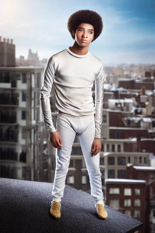 Image similar to un ultra high definition studio quality photographic art portrait of a young man standing on the rooftop of a british apartment building wearing soft padded silver pearlescent clothing. three point light. extremely detailed. golden ratio, ray tracing, volumetric light, shallow depth of field. set dressed.