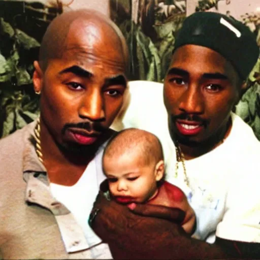 Image similar to photo of 2 pac taking care of my white caucasian baby, the baby is white you stupid ai.