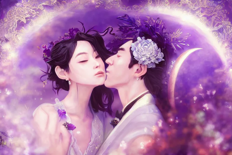 Image similar to a cinematic portrait of wedding photograph jpeg close up moment of a divine a japan sun god and moon goddess lovers magician at a wedding banquet. portraiture. digital painting. artstation. concept art. fantasy wedding photo. digital painting, 8 k realistic, hyper detailed, violet evergarden art masterpiece by art by krenz cushart