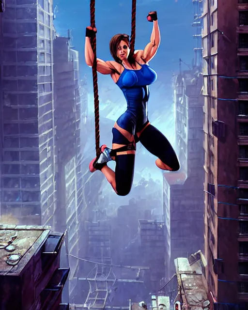 Prompt: gigachad jill valentine bodybuilder swinging from a building with a rope in racoon city, fantasy character portrait, ultra realistic, anime key visual, full body concept art, intricate details, highly detailed by greg rutkowski, ilya kuvshinov, gaston bussiere, craig mullins, simon bisley